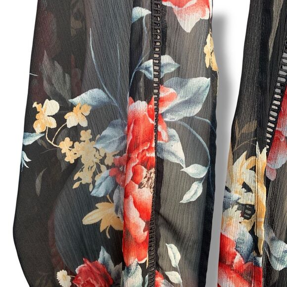 Band of Gypsies Black Sheer Red Floral Kimono Duster Swim Cover Up Short Sleeve - Picture 8 of 12
